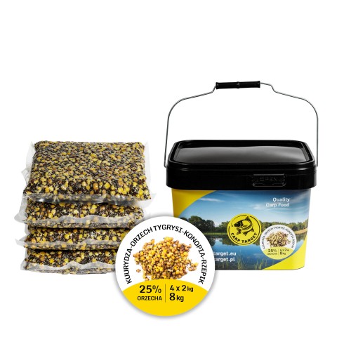 Orzech Tygrysi Konopie Rzepik Kukurydza  Mix Ziaren Zanęta 8 kg (4x2kg) + Wiadro 10L